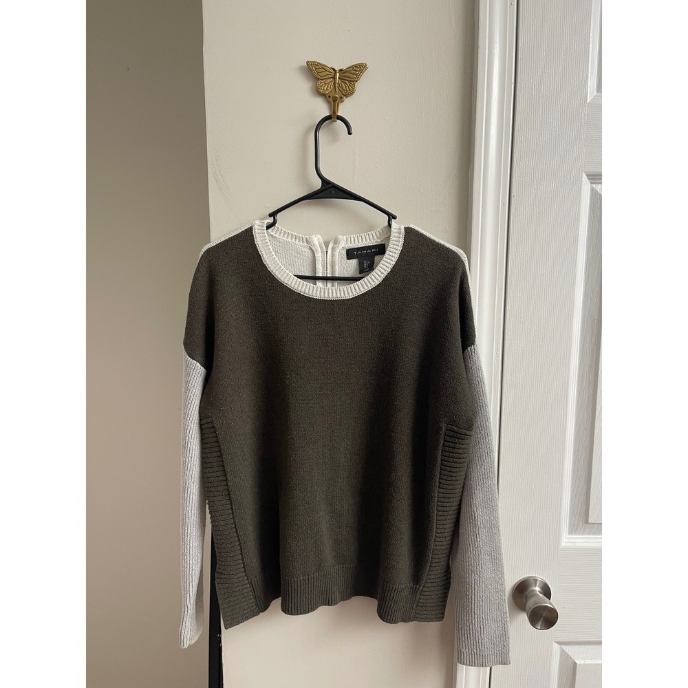 TAHARI Women's Colorblock Knit Sweater Long Sleeve Zip Neck Olive Gray L